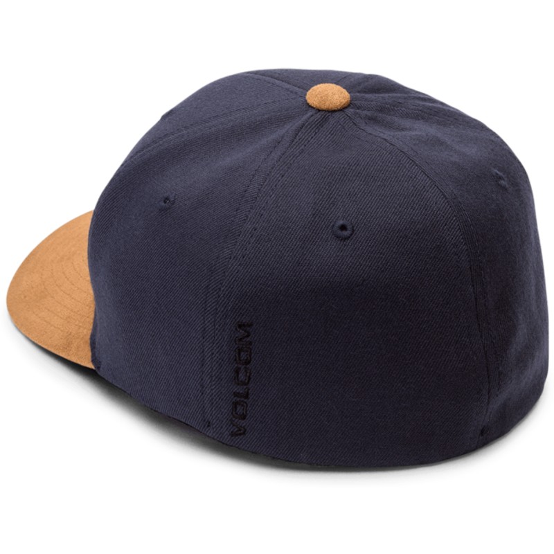 volcom-curved-brim-midnight-blue-full-stone-hthr-xfit-navy-blue-fitted-cap-with-brown-visor