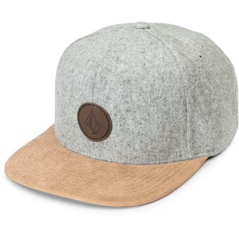 volcom-flat-brim-grey-combo-quarter-fabric-grey-snapback-cap-with-brown-visor